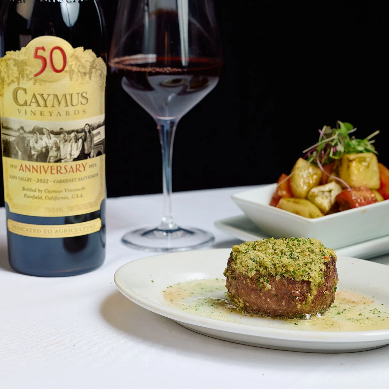 FILET WITH CHIMICHURRI BUTTER CRUST paired with CAYMUS VINEYARDS CABERNET SAUVIGNON