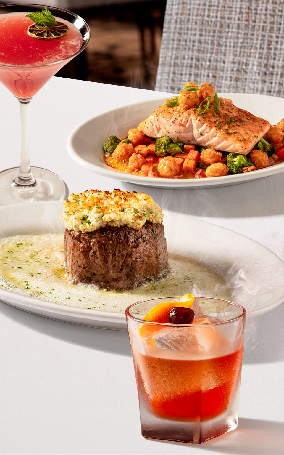 Ruth's Chris' Fall Selection: Parmesan-Crusted Filet, Salmon Bay with Scallops, Smoke Fire Old Fashioned and Guava Gimlet.