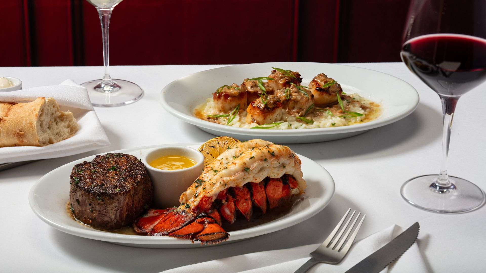 Ruth's Chris Chef’s Winter Selections, featuring Filet & Jumbo Lobster Tail or Seared Scallops with Shiitake Soy Butter. Enjoy with a seasonal smoked cocktail and finish with a warm Chocolate Molten Lava Cake.
